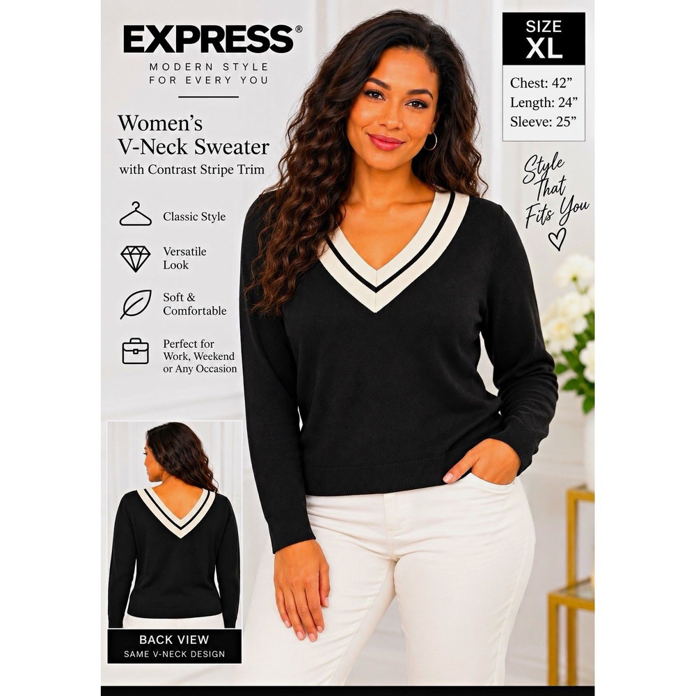 Express Women's XL Black White V-Neck Knit Pullover Sweater Contrast Stripe Trim
